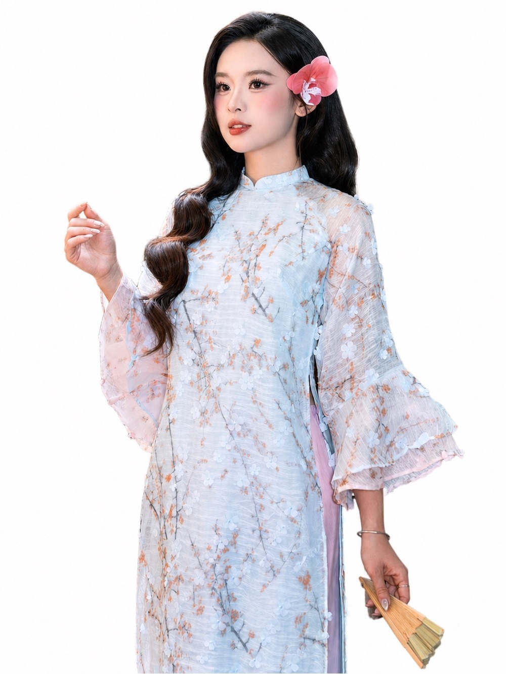 Modern Loose Ao Dai Pastel Blue Pink Puffy Sleeves with Pants L Candytuft NWT